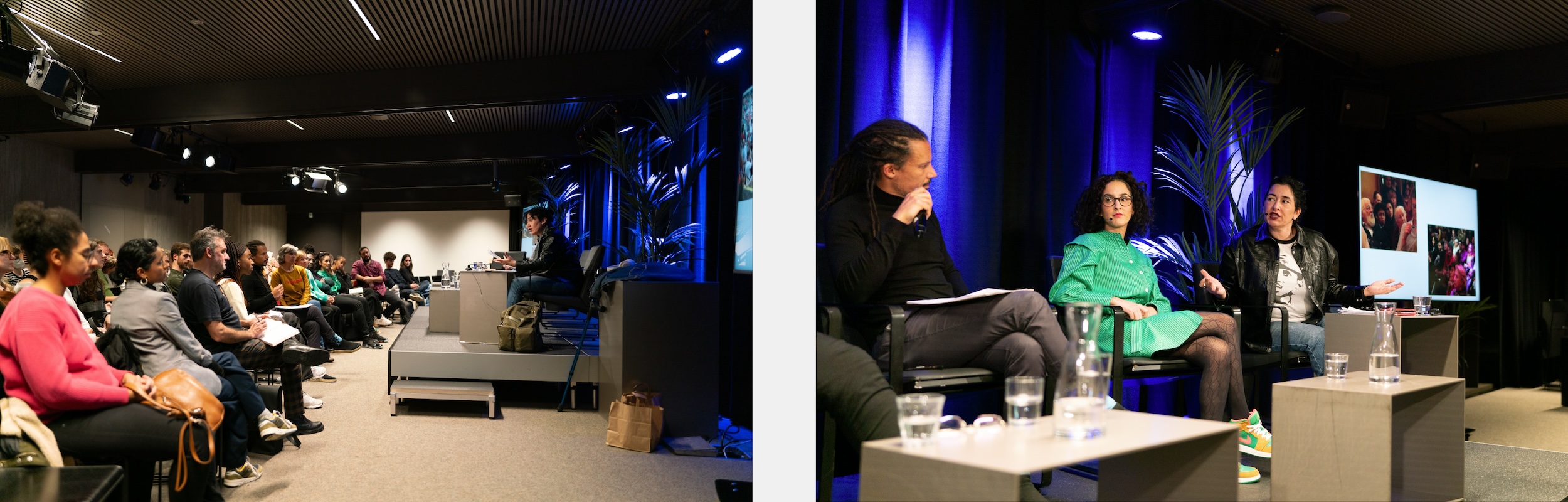 Overzichtsbeeld van de zaal waarin het panelgesprek plaatsvond in De Krook in Gent, met Miriyam Aouragh op het podium.