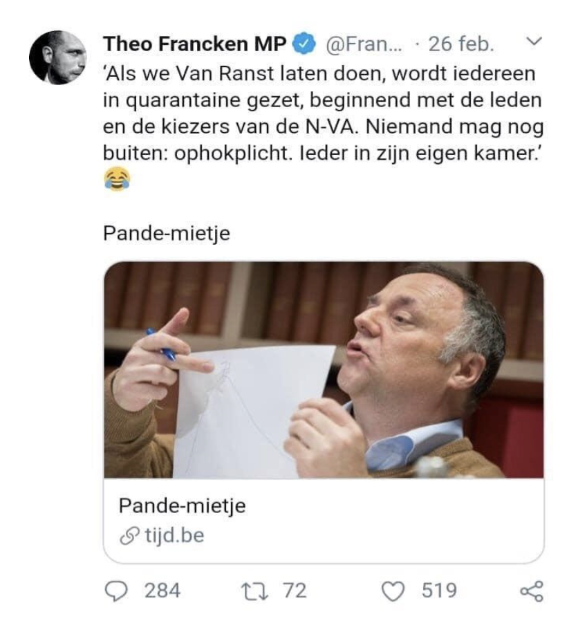 Afbeelding 7 (links): De Tweet van Francken, die een passage herhaalde uit het zogenaamde satirische artikel uit De Tijd. Twitter Van Ranst: https://twitter.com/vanranstmarc/status/1232862803221938176. 