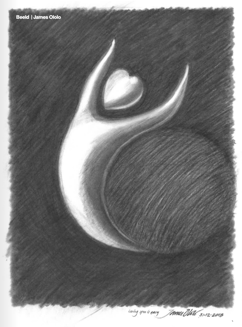 Een van de tekeningen van James Ololo: een poppetje met een hartje als hoofd, die een wereldbol lijkt te omhelzen.