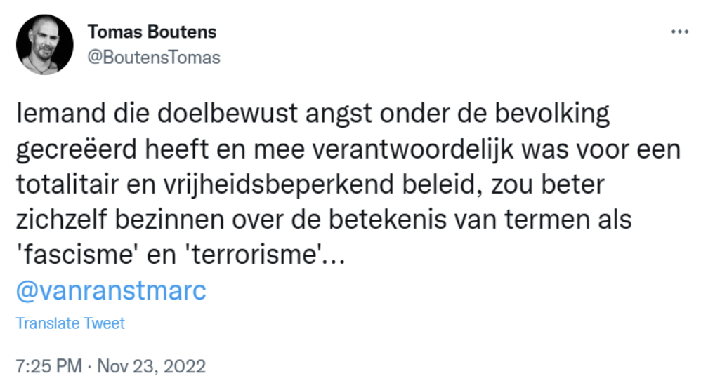 De tweet van Boutens naar Marc Van Ranst uit 2022