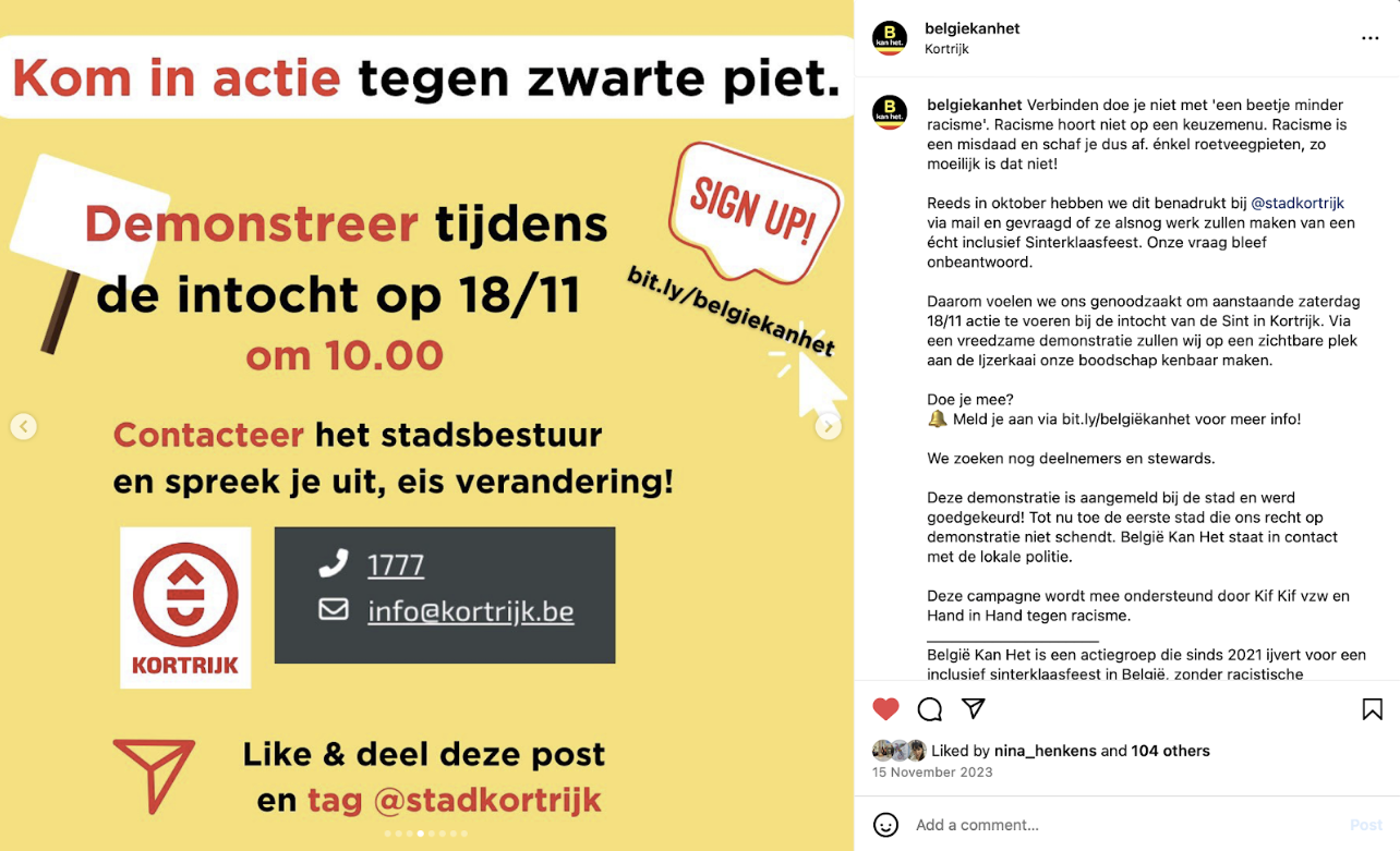 Screenshot van de instagrampost van België Kan Het, waarop het logo van de Stad Kortrijk werd gebruikt. Het is overduidelijk dat de post niet bedoeld is om over te komen als een communicatie-uiting van de Stad Kortrijk, maar juist als een protest tegen het beleid van de stad.