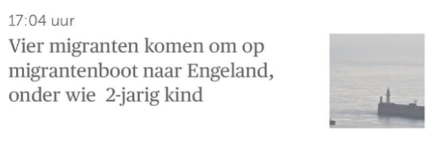 Screenshot van de titel van een artikel in de krant De Morgen: "Vier migranten komen om op een migrantenboot naar Engeland, onder wie 2-jarig kind"