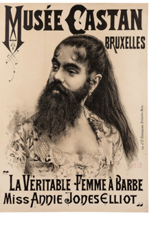 Poster met de aankondiging van een publieksspektakel met een vrouw met een baard: 'La Véritable Femme À Barbe' uit 1891.