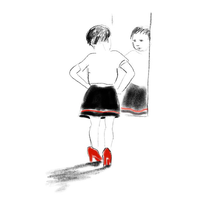 Tekening van kind dat in de spiegel kijkt